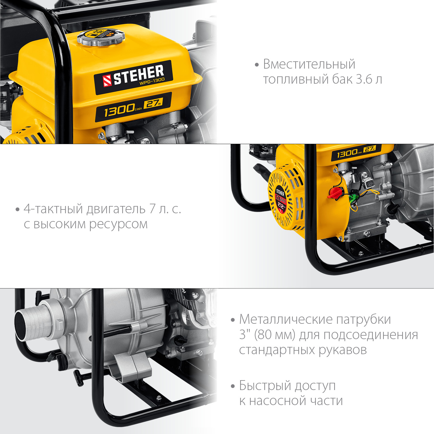 Мотопомпа бензиновая для грязной воды WPD-1300