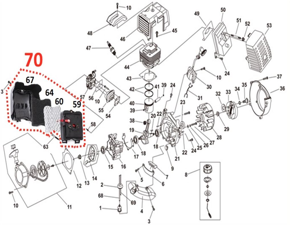 ЗАПЧАСТИ ДЛЯ МОТОБУРА БЕНЗИНОВОГО ELITECH БМ 52ЕН (ДВИГАТЕЛЬ)