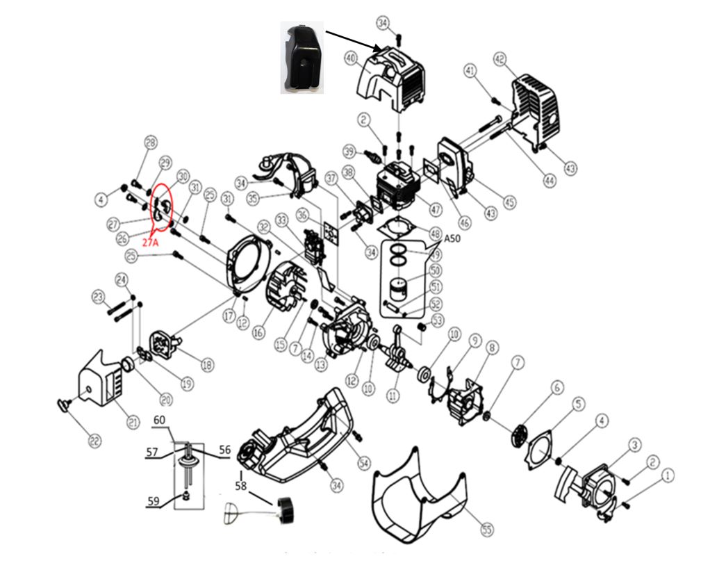 ЗАПЧАСТИ ДЛЯ ТРИММЕРА БЕНЗИНОВОГО ELITECH Т 33Р (2017 ГОД) (ДВИГАТЕЛЬ)